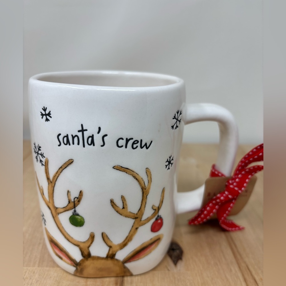 Rae Dunn Christmas SANTA"S CREW Mug White Double Sided Ceramic Watercolor Art